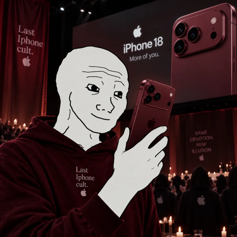The believer in his burgundy hoodie studying the new phone before a candlelit keynote